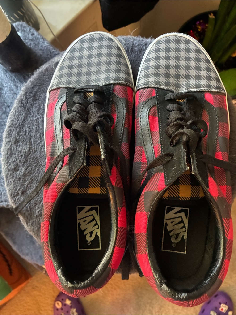 Vans Red and Black Plaid Low-Top Sneakers with Houndstooth Toe